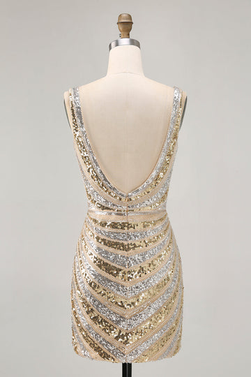 Sparkly Golden Bodycon Sequins V-Neck Cocktail Dress